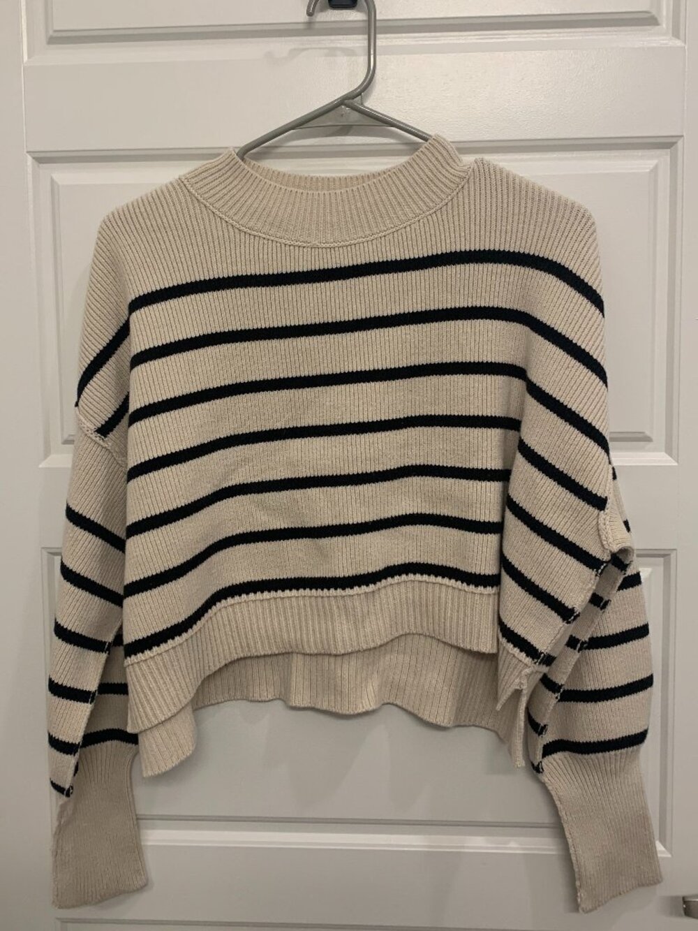 Free People Cream & Black Striped Cropped Sweater